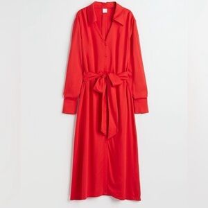 H&M Red Shirt Dress - S - Tie Waist Button Front Midi Maxi Christmas Holiday